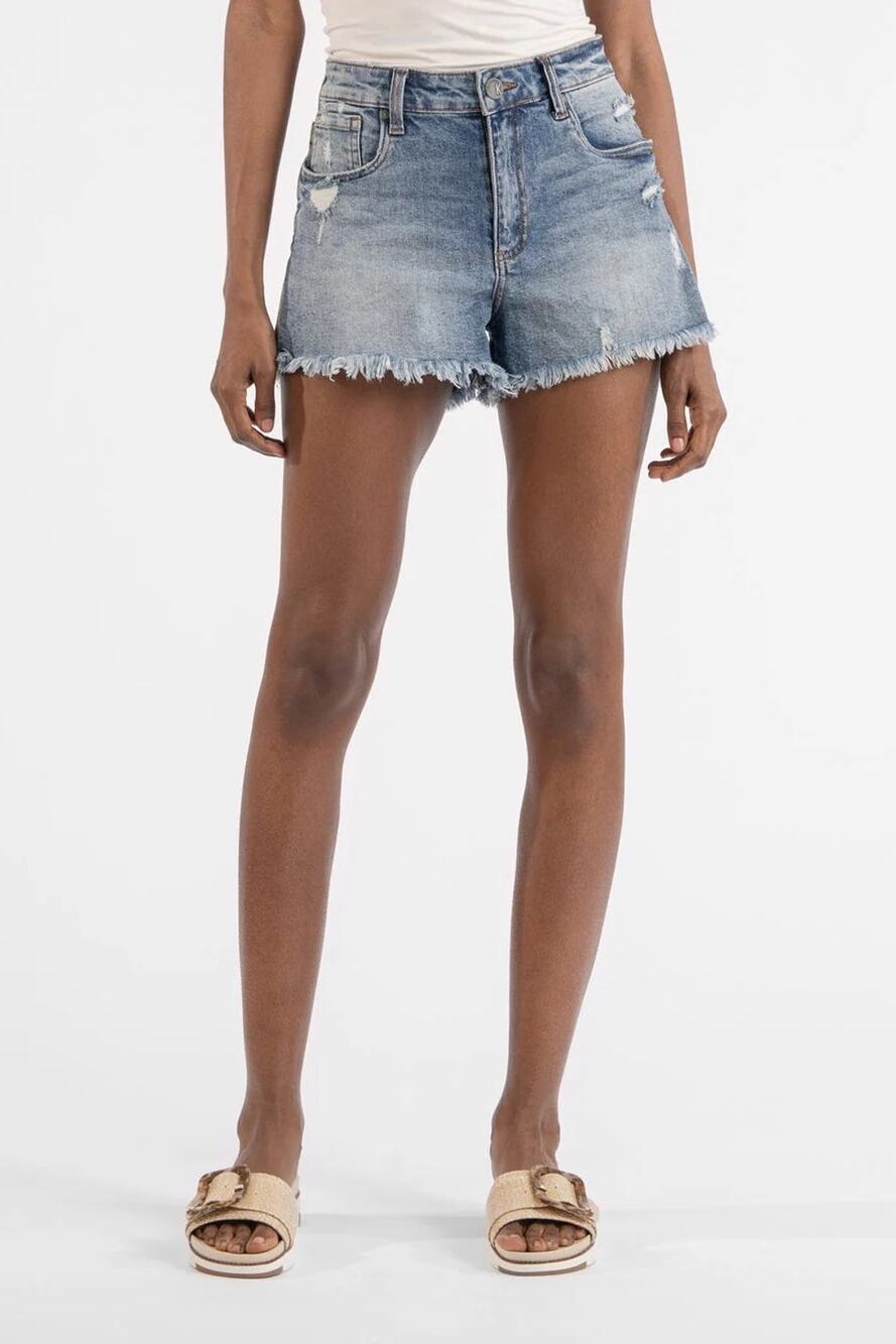 Frayed Hem Light Wash Denim Shorts - Women